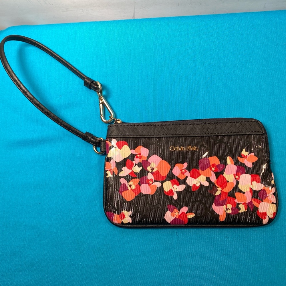 Calvin Klein Black Wristlet with Pink and Red Floral Print